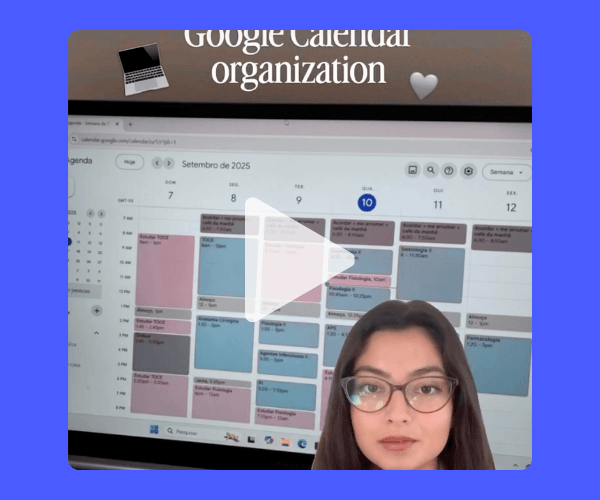 A video-style image of a woman in front of a computer screen displaying a color-coded Google Calendar. The background shows a busy weekly schedule, emphasizing organization and time management.