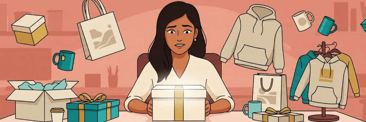 An illustrated woman sits at a desk opening a gift box while surrounded by various shopping items like bags, mugs, and clothing. The warm-toned background and floating products suggest online shopping, gifting, or decision-making around purchases.