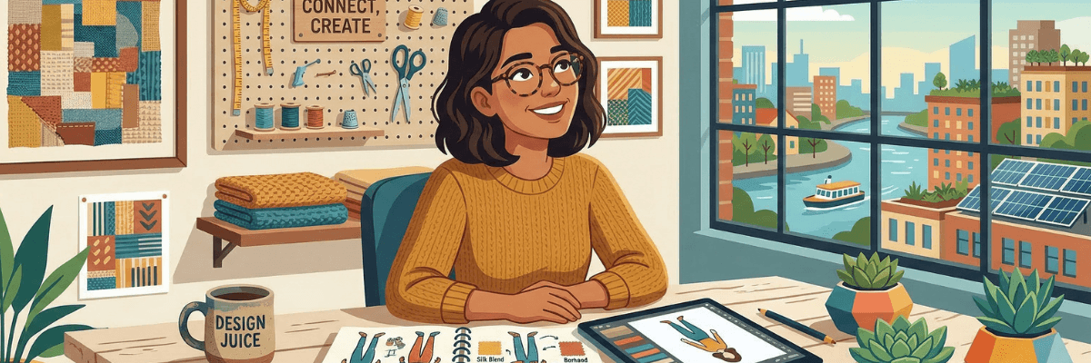 An illustrated woman sits at a creative workspace filled with sewing tools, fabric, and design sketches while looking inspired. The cozy studio overlooks a cityscape through a large window, suggesting creativity, focus, and a work-from-home environment.