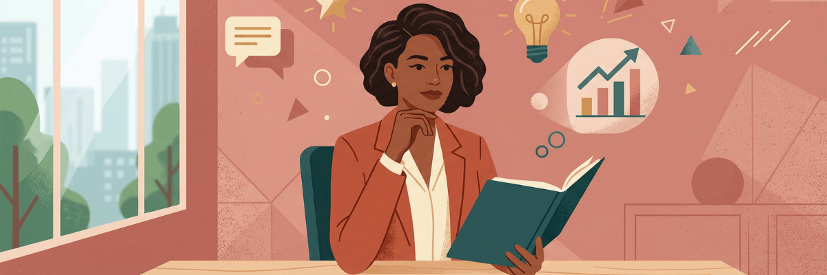 An illustration of a woman relaxing with a laptop while on a video call with multiple people on screen. The cozy setting with a pet and plants suggests remote work, connection, and casual virtual meetings.