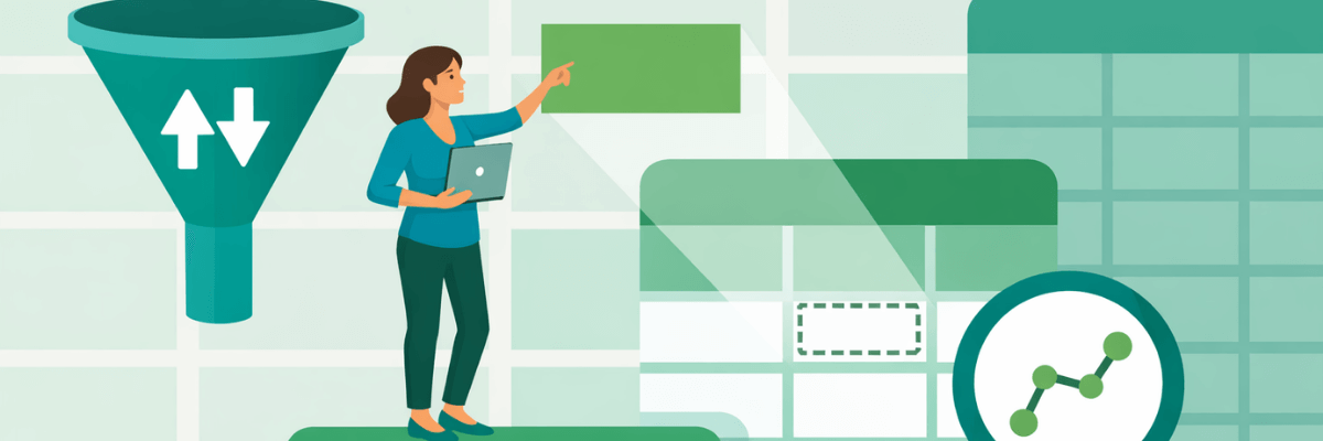 An illustration of a woman holding a laptop while pointing at a digital dashboard, with a funnel icon and analytics graphics representing data tracking and workflow optimization.
