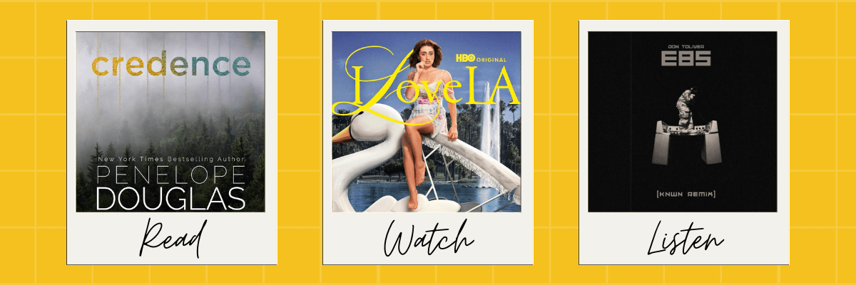 Three recommendation tiles: the book Credence by Penelope Douglas labeled “Read,” the HBO show LoveLA labeled “Watch,” and the album EBS (Know Remix) by Jon Bellion labeled “Listen.”