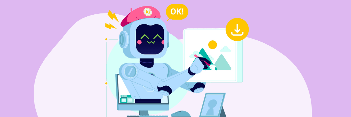 Illustration of a friendly robot wearing a beret labeled “AI,” pointing at a digital screen with a simple image, with icons suggesting downloading or creating content.