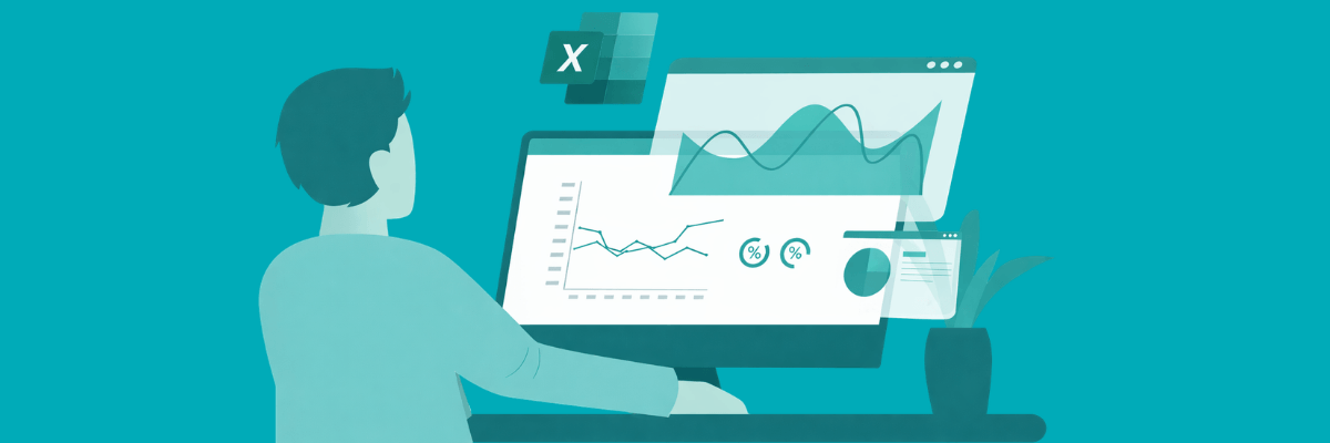 Illustration of a person working at a computer with analytics dashboards and charts on the screen, along with an Excel icon, suggesting data analysis or spreadsheet-based reporting.