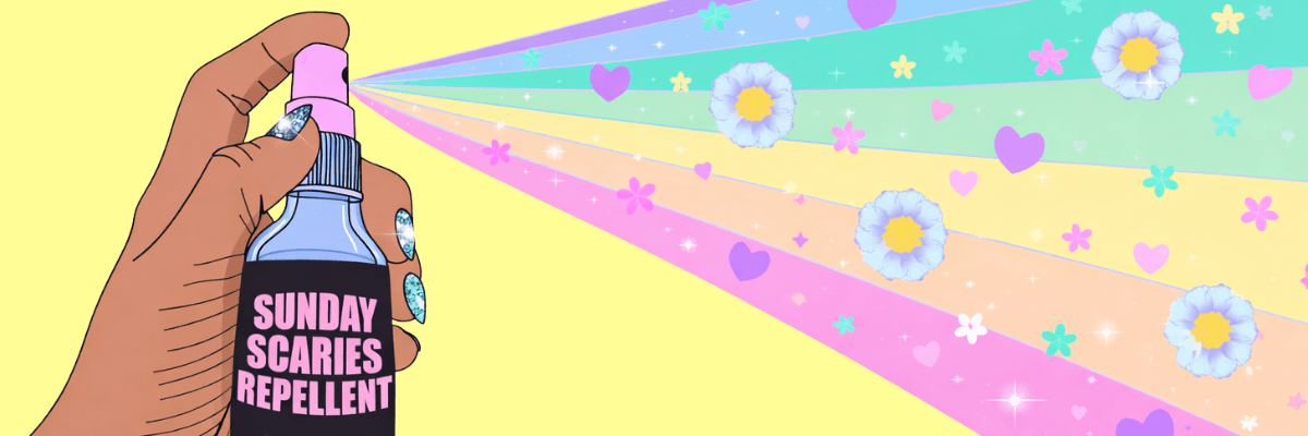 A colorful illustration of a hand holding a spray bottle labeled “Sunday Scaries Repellent” releasing a rainbow mist with flowers and hearts. The playful design and bright background convey a fun, uplifting take on easing weekend anxiety.
