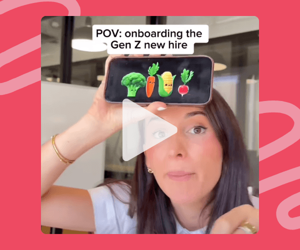 A video-style image of a woman holding a phone above her head with playful vegetable icons on the screen. The text references onboarding a Gen Z new hire, set in a casual indoor workspace.