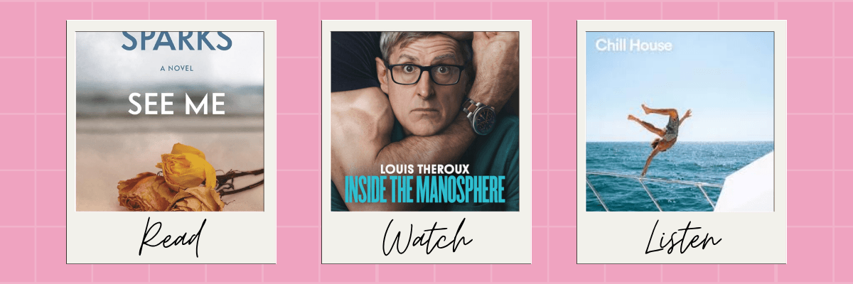A curated “Read, Watch, Listen” graphic showing three recommendations with book, documentary, and podcast-style visuals. The pink grid background and polaroid-style frames give it a lifestyle and media roundup feel.