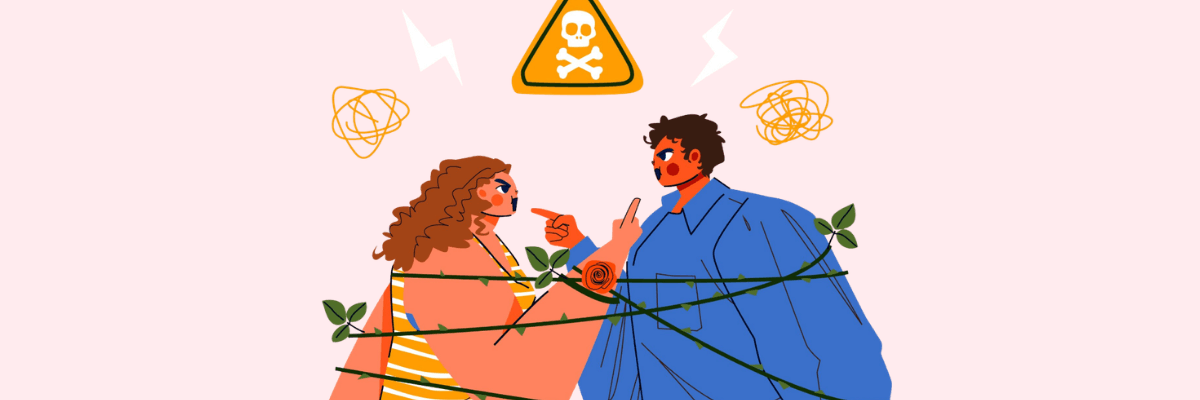 An illustration of two people arguing while tangled in thorny vines, with a warning symbol above them. The muted background and tense expressions highlight conflict, stress, and toxic communication.