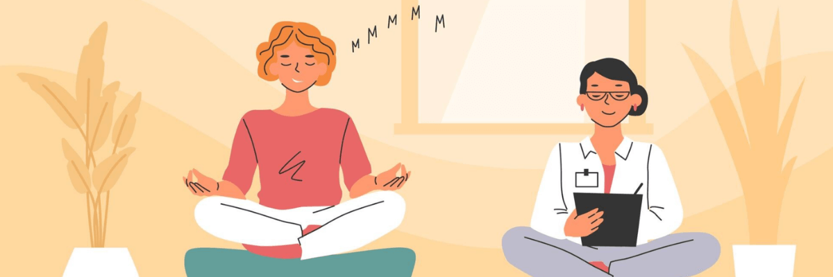 Illustration of a person meditating cross-legged with eyes closed while a therapist or clinician sits nearby taking notes, suggesting a calm mental health or mindfulness session.
