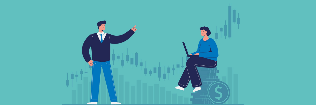 Illustration of two professionals discussing financial performance, with one presenting while another works on a laptop beside rising market charts and dollar symbols in the background.