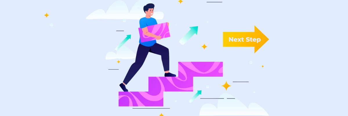 Illustration of a person climbing upward steps while carrying a box, with arrows pointing forward and a “Next Step” sign, symbolizing progress, growth, and moving toward goals.