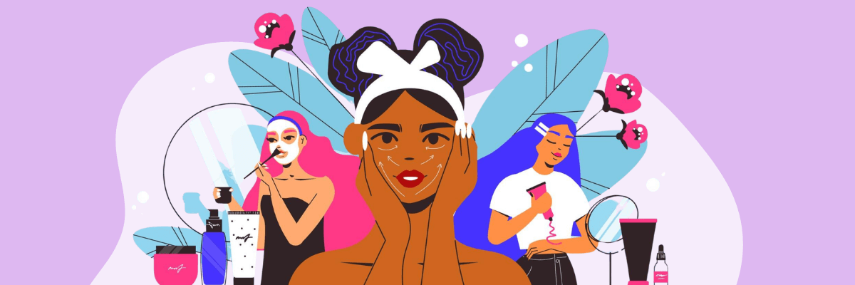 Illustration of three women doing skincare and beauty routines—applying a face mask, styling hair, and using makeup products—surrounded by mirrors, cosmetics, and plants.