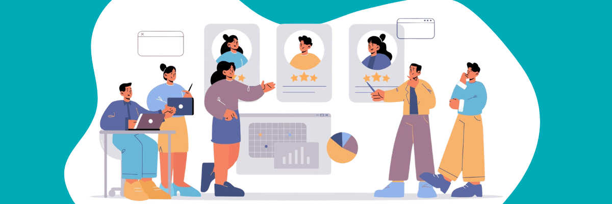 Illustration of a team reviewing candidate profiles with star ratings on a screen while discussing charts and data, suggesting a hiring or performance evaluation process.
