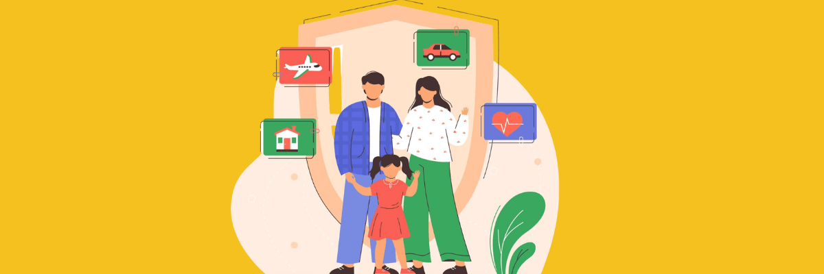 Illustration of a family standing together inside a protective shield, surrounded by icons of a house, car, airplane, and heart, symbolizing financial protection, insurance, or family security.