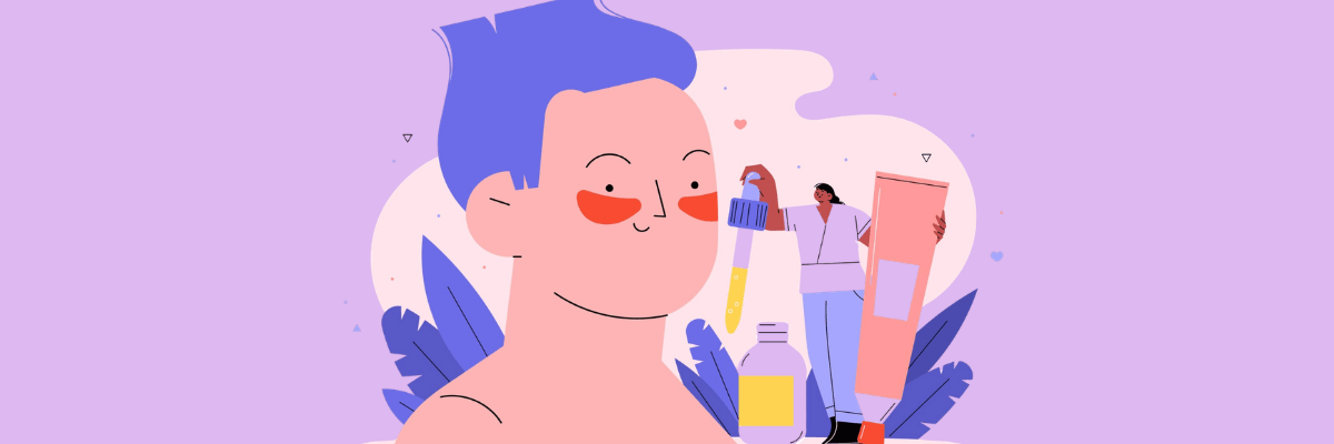 Illustration of a person with rosy cheeks while a smaller figure beside them holds skincare products like a dropper bottle and cream tube, suggesting skincare, beauty, or self-care.