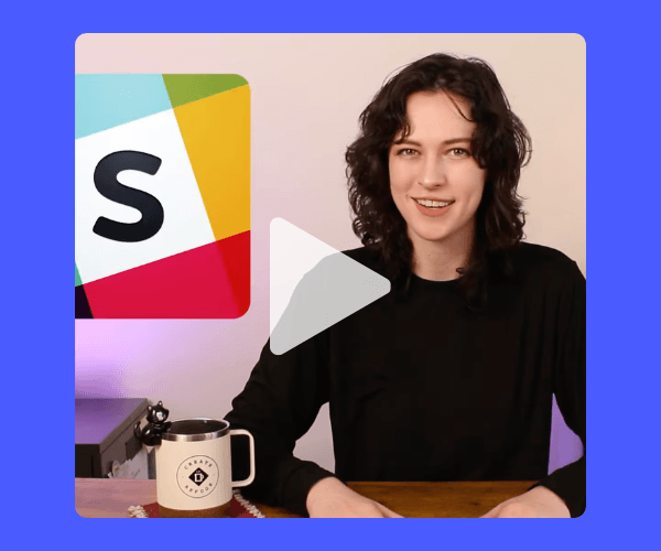 A woman sits at a desk with a mug in front of her and a Slack logo displayed beside her, with a play button overlay. The background is simple with a gradient frame around the video-style image.