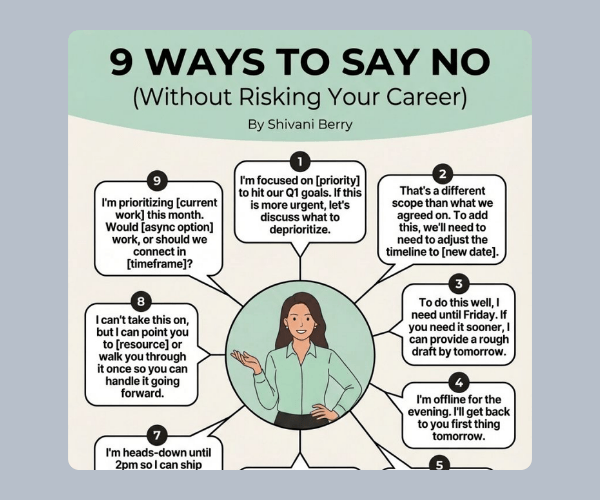 An infographic titled “9 Ways to Say No (Without Risking Your Career)” shows a central illustrated person with multiple speech bubbles around them. Each bubble contains different phrases arranged in a circular layout on a light background.