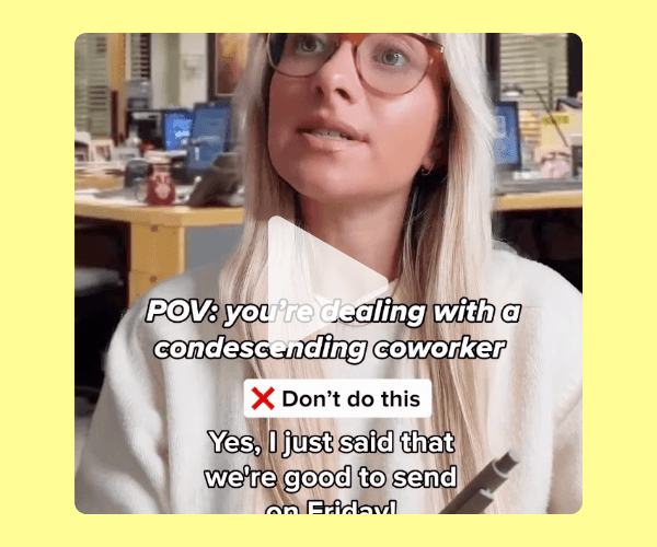 A woman with glasses is shown mid-speech in an office setting, with desks and computers blurred in the background. White text overlays the center of the image with a red “X” icon and additional smaller text below.