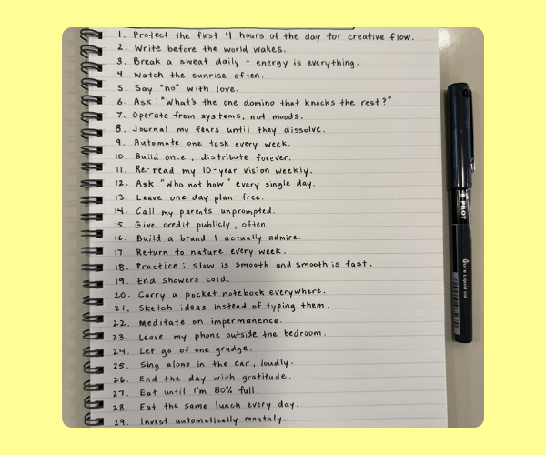 A spiral notebook filled with a handwritten list of personal habits and life rules sits on a yellow background. A black pen rests on the right side, suggesting an ongoing reflection or goal-setting routine.