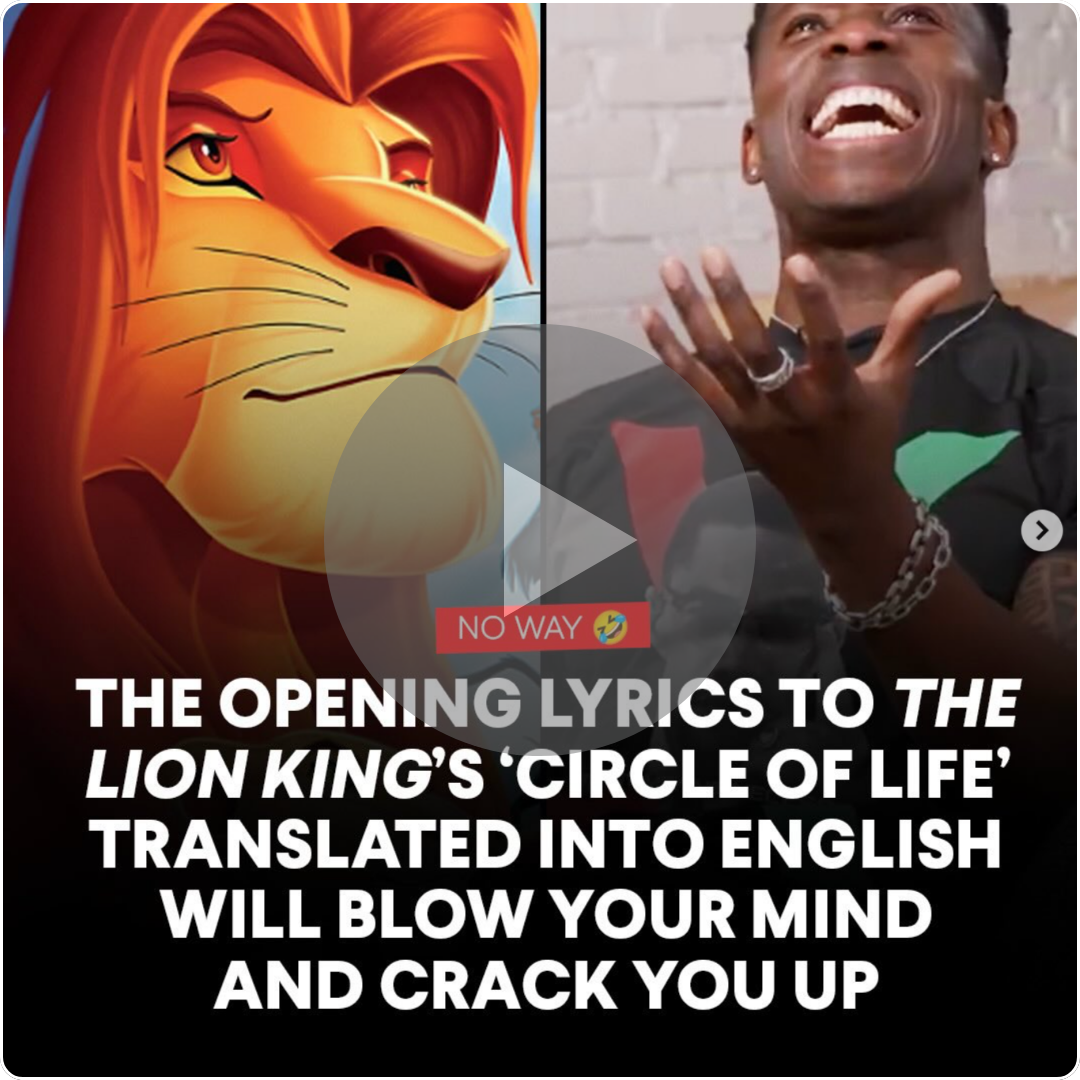 A split-screen video thumbnail shows an animated close-up of a lion on the left and a man laughing with his hands raised on the right. Bold text reads, “The opening lyrics to The Lion King’s ‘Circle of Life’ translated into English will blow your mind and crack you up,” with a playful “No way 😂” tag layered above. 
