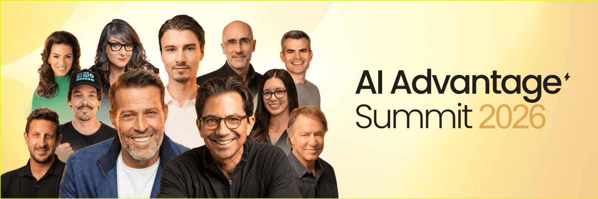 A banner shows a group of people arranged side by side with the text “AI Advantage Summit 2026.” The background is light with a gradient effect behind the group.