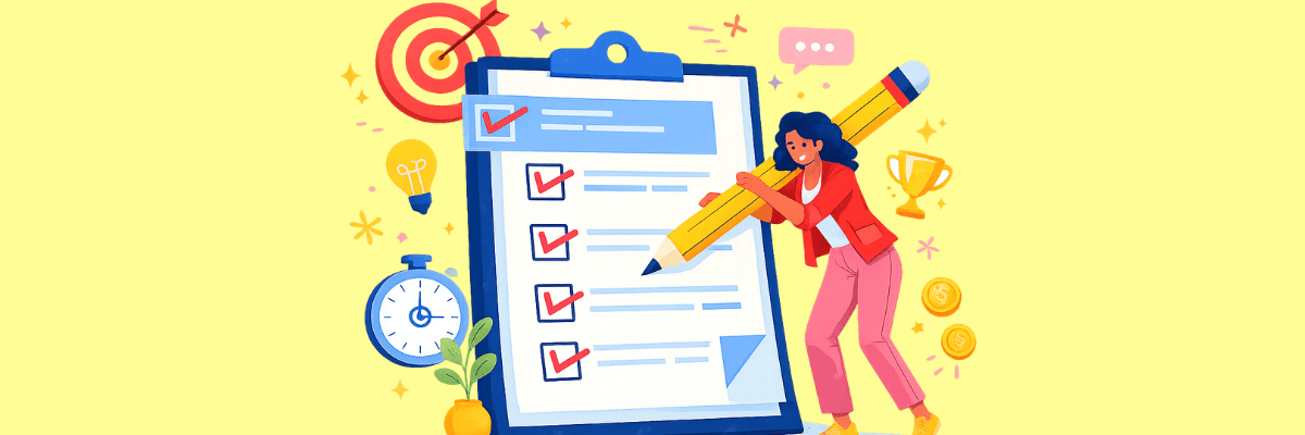 An illustration shows a large clipboard with checkmarks while a woman holds an oversized pencil next to it. Icons like a clock, lightbulb, target, trophy, and coins appear around the scene on a yellow background.