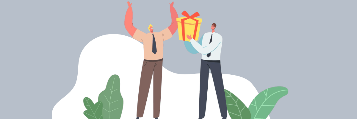 Two illustrated men stand facing each other, one holding a large gift box while the other raises his arms. Green plants and abstract shapes appear behind them on a muted background.