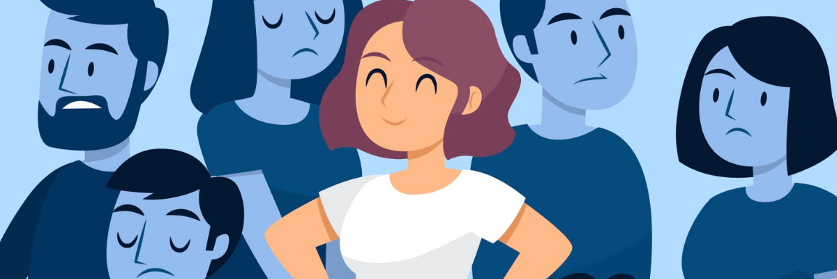 An illustration shows a smiling woman standing with hands on her hips in the center while several people with neutral or unhappy expressions stand behind her. The background is blue with simplified character silhouettes.