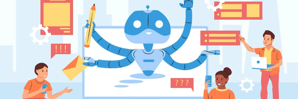 A cartoon robot with multiple arms floats in the center, each hand holding different tools like a pencil, message bubble, and email envelope. Around it, three people look busy and slightly overwhelmed, interacting with screens and notifications popping up everywhere.