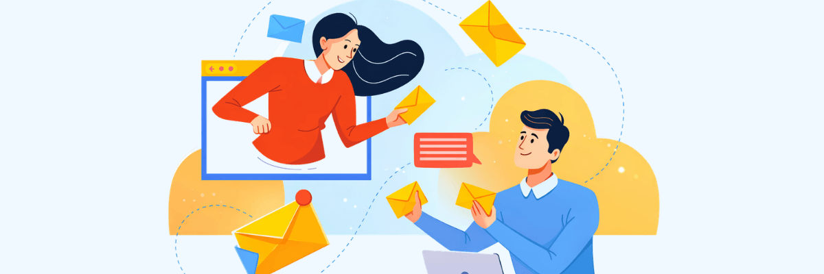 An illustration shows a woman appearing from a computer screen handing envelopes to a man holding more envelopes, with speech bubbles and floating messages around them. The background includes soft shapes and icons suggesting communication.