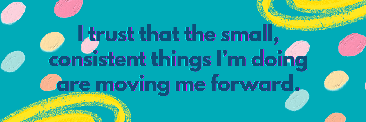 A teal background features large centered text in bold purple font, surrounded by colorful abstract brushstroke shapes. The design includes scattered pastel elements around the edges.