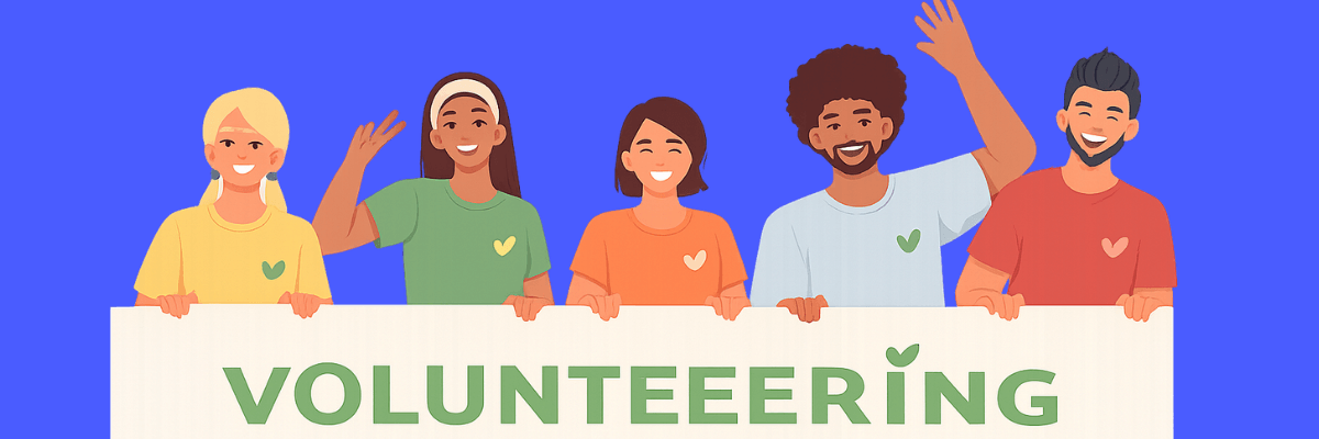 An illustration of five diverse people smiling and waving while holding a large banner that reads “VOLUNTEERING.” The background is a bright blue gradient, giving a cheerful, community-focused vibe.
