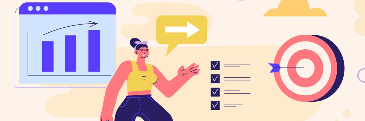 A colorful illustration shows a woman presenting next to a rising bar graph, a checklist, and a target with an arrow hitting the center. The visuals suggest goal-setting, productivity, and achieving results.
