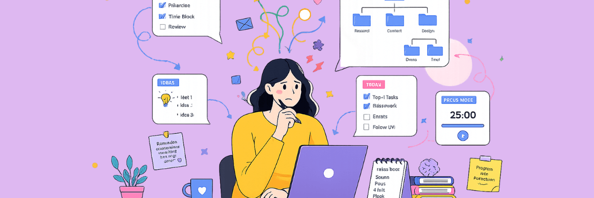 A colorful illustration shows a woman working on a laptop surrounded by floating task boxes, notes, and timers. The busy visuals capture productivity, organization, and a slightly overwhelmed workflow.