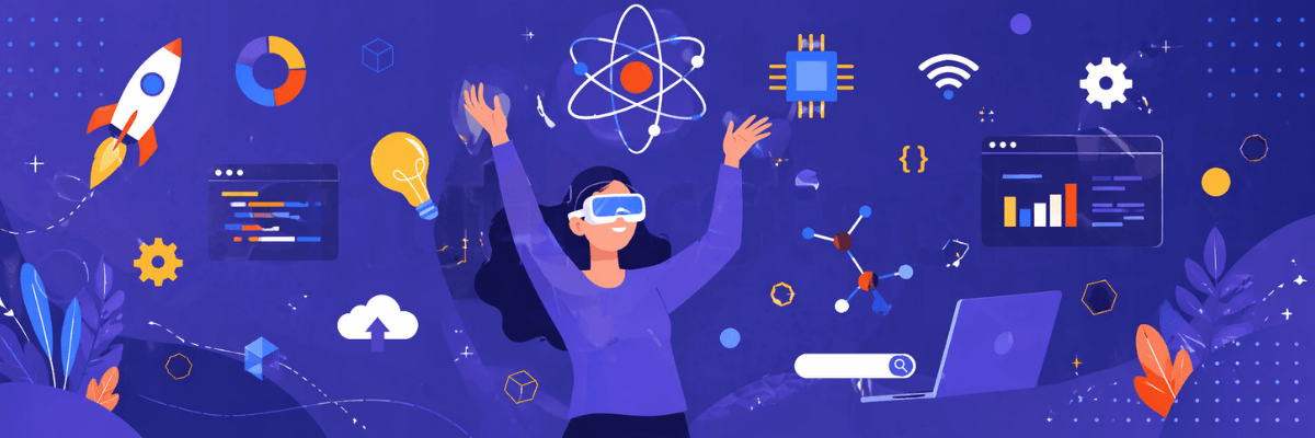A vibrant, futuristic illustration shows a woman wearing a VR headset with arms raised, surrounded by icons like a rocket, atom, and charts. The scene suggests innovation, technology, and immersive digital experiences.