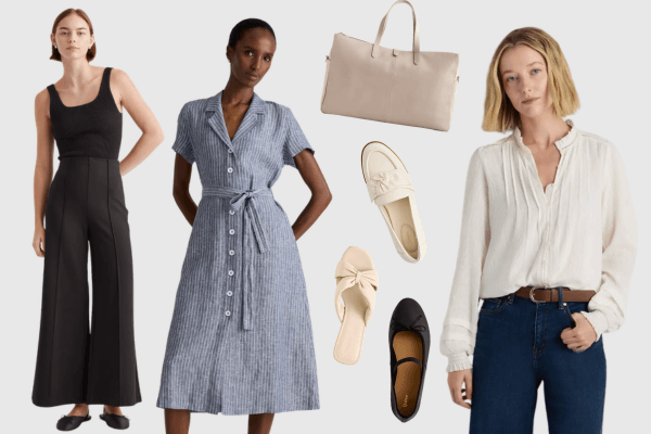 Three women model neutral-toned outfits including a black jumpsuit, a striped button-down dress, and a white blouse with jeans. Matching accessories like a beige tote, flats, and loafers are displayed alongside them in a clean, minimal layout.