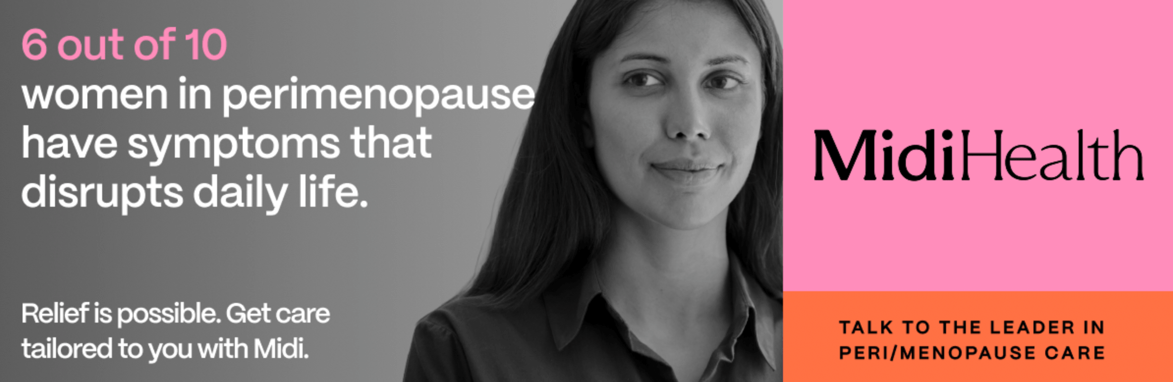 A grayscale photo of a woman appears beside large text stating that 6 out of 10 women in perimenopause experience disruptive symptoms. The right side of the image features the MidiHealth logo on a pink and orange background.