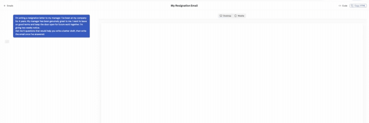 A blurred interface shows a draft titled “My Resignation Email” with a blue text box prompt on the left. The layout suggests a tool helping someone write a polished resignation message.