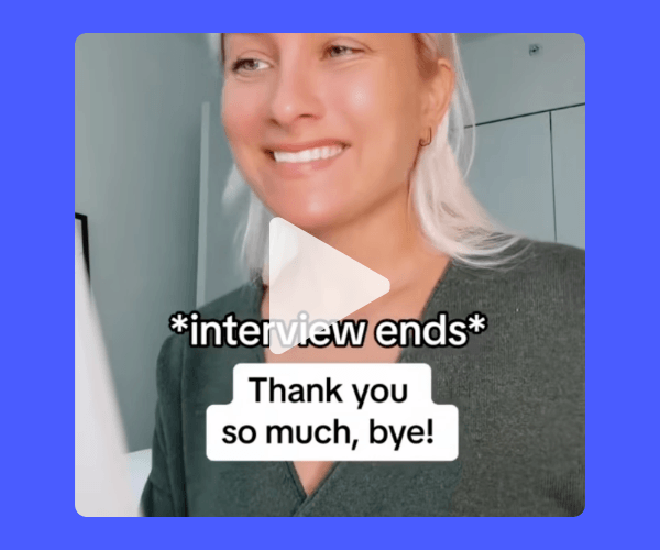 A video-style image of a woman smiling at the end of an interview with a play button overlay. On-screen text reads “interview ends” and “Thank you so much, bye!” capturing a light, relatable mom