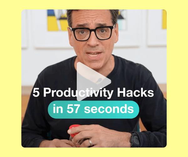 A video-style image of a man speaking directly to camera with text about “5 Productivity Hacks in 57 seconds.” The bright background and bold text suggest quick, actionable tips.