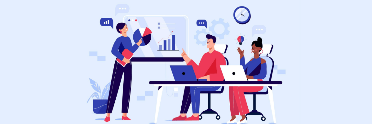 An illustration shows three people working together at a desk with laptops while one person presents a chart on a screen. Icons like gears, a clock, and speech bubbles appear in the background.