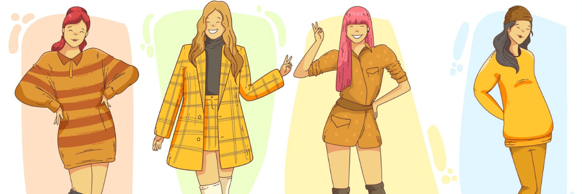 Four illustrated women pose confidently in stylish, warm-toned outfits against soft pastel backdrops. Each look varies in style, from cozy oversized pieces to more fitted, trendy sets.