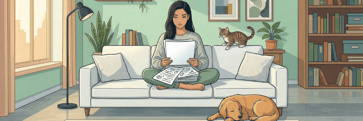 An illustrated woman sits cross-legged on a couch holding a stack of papers while reading one page. A cat sits on the back of the couch, a dog lies on the floor, and bookshelves, plants, and a floor lamp fill the room around her.