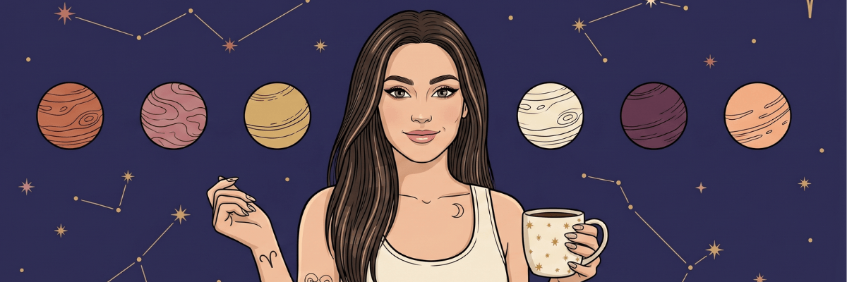 An illustrated woman with long brown hair looks forward while holding a mug decorated with stars, set against a deep purple background filled with constellations. A row of stylized planets lines up behind her, giving the scene a calm, celestial, horoscope-inspired vibe.