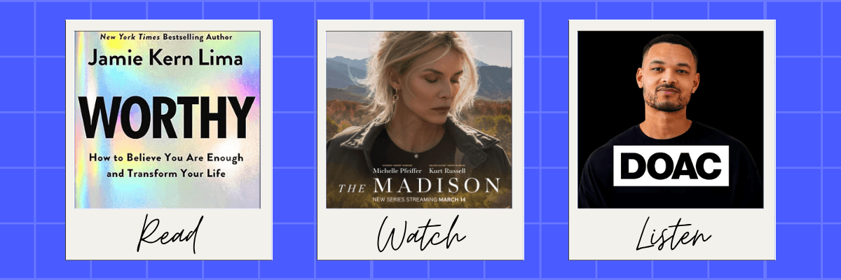 A “Read, Watch, Listen” layout displays three items: a book cover, a TV series poster, and a podcast image. Each is placed inside a polaroid-style frame on a blue grid background.