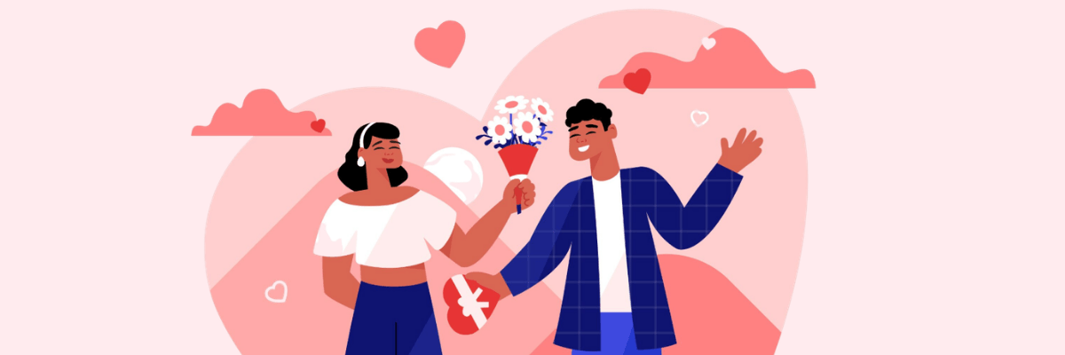An illustration shows two people standing close together with one holding a bouquet of flowers. Hearts and soft pink shapes fill the background around them.