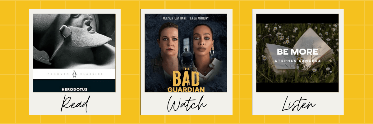 A “Read, Watch, Listen” layout displays three items inside polaroid-style frames on a yellow grid background. The frames show a book cover, a TV show poster, and a music or podcast image.