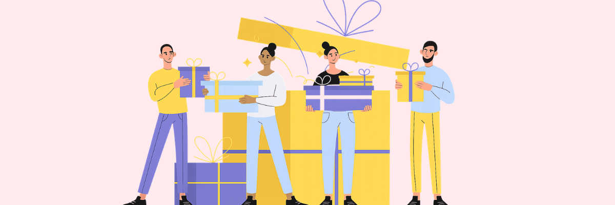 An illustration shows four people standing in a row holding wrapped gift boxes. Large stacked gift boxes appear behind them against a light background.