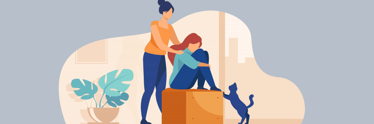 An illustration shows one person sitting on a box with their head down while another person stands beside them with a hand on their shoulder. A cat stands nearby and a plant is placed in the background.