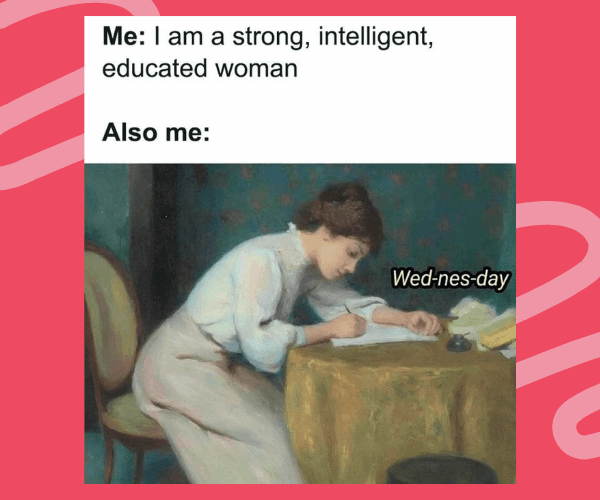 A meme-style image shows a painting of a woman leaning over a table writing, with text above and a small caption near the figure. The image is placed inside a white box on a pink patterned background.